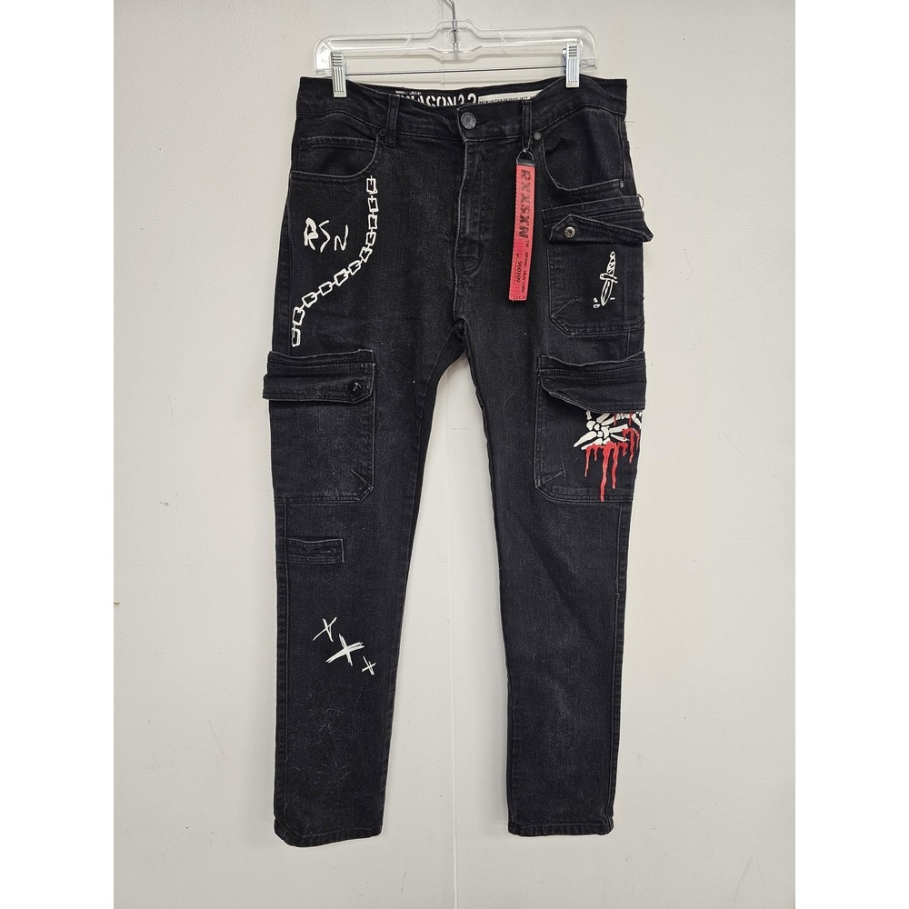 Reason MS-10 Jeans Mens 32x30‎ Black Skinny Cargo Punk Rock Pants Streetwear